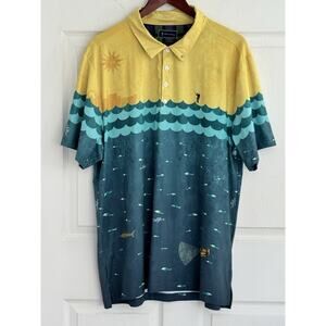 William Murray Polo Shirt Sz XL Graphic Print Ocean Scuba Fish Golf Blue Yellow